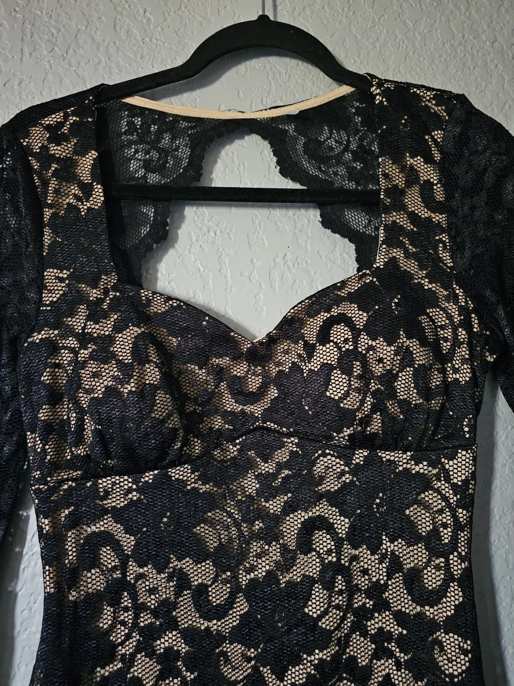 Emerald Sundae Black Lace Long Sleeve Bodycon Dress with Nude Lining